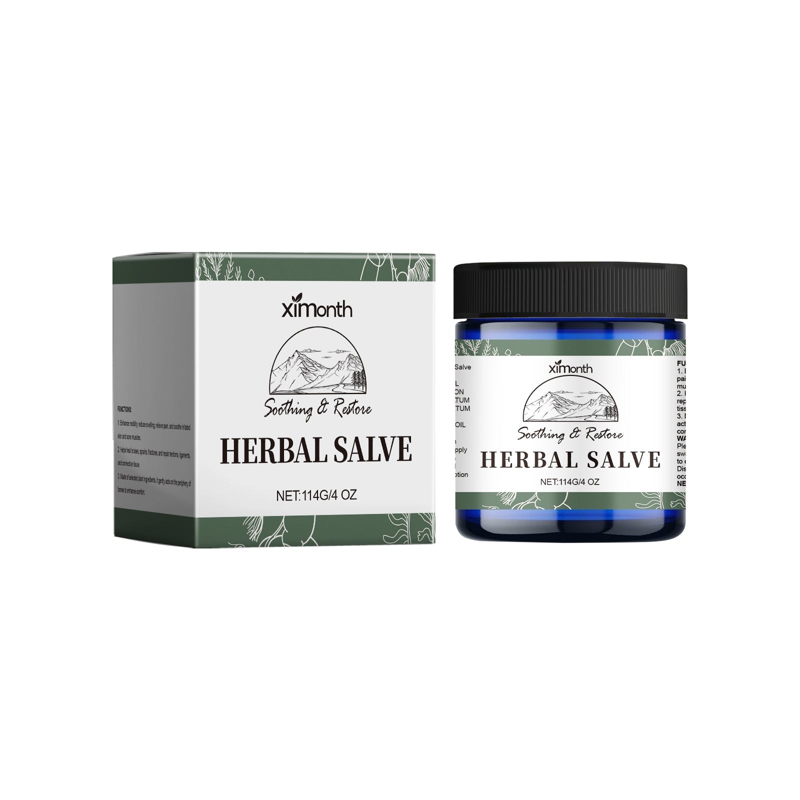 Mature woman stretching arm freely while smiling, with product jar surrounded by olive and botanicals; claims listed: deep nourishment, relieve pain, herbal refinement, repair damage