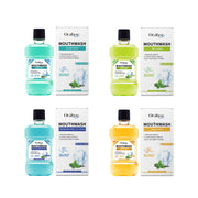 Four Oralhoe mouthwash variants displayed with packaging boxes showing color-coded formulas: Shine Mint (turquoise), Mild Mint (lime green), Invigorating Icy Mint (aqua), and Fresh Mint (golden yellow)