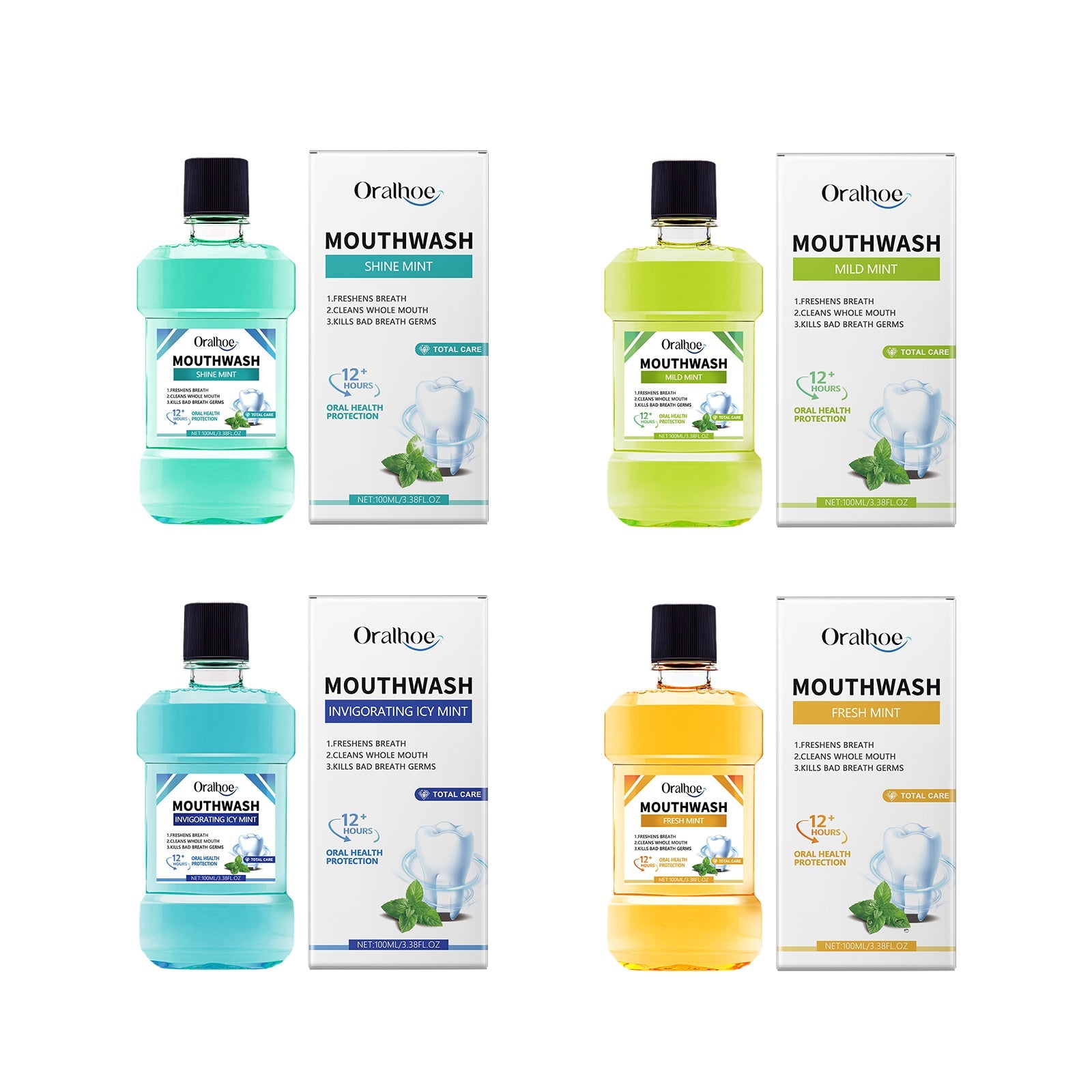 Four Oralhoe mouthwash variants displayed with packaging boxes showing color-coded formulas: Shine Mint (turquoise), Mild Mint (lime green), Invigorating Icy Mint (aqua), and Fresh Mint (golden yellow)