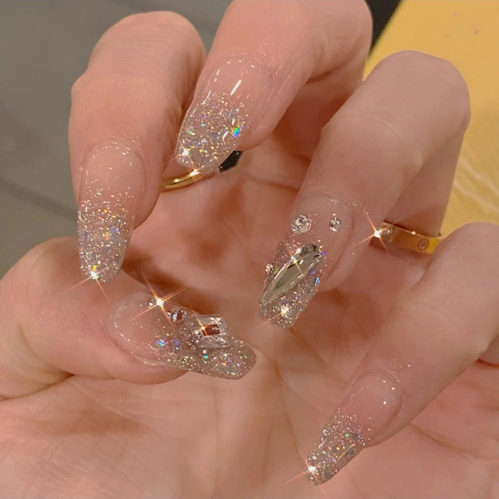 Press-On Artificial Nails With Nude Glitter Salon Shine