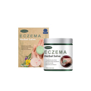 WoodSleep Eczema Herbal Salve packaging with cardboard box and white plastic jar displayed side-by-side