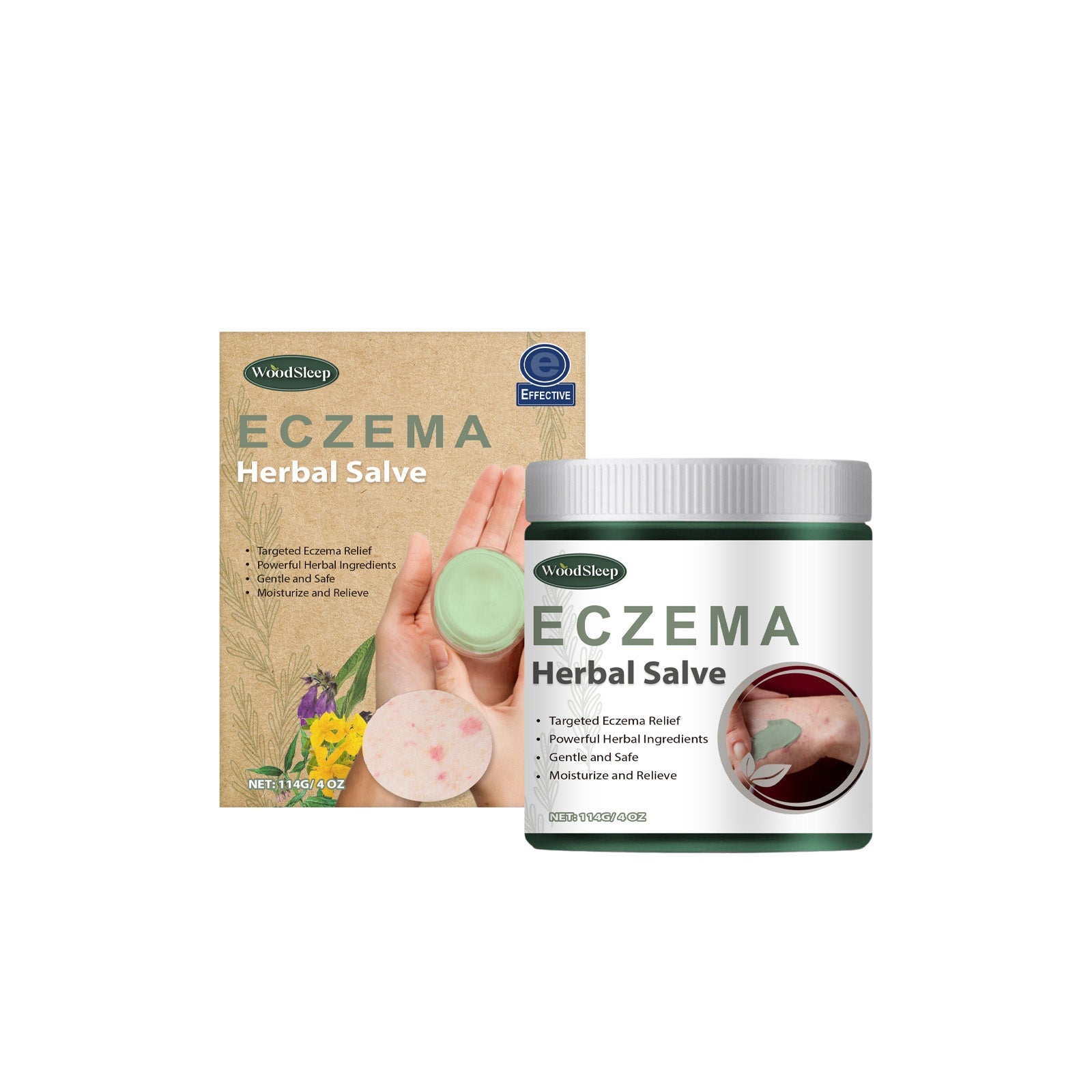 WoodSleep Eczema Herbal Salve packaging with cardboard box and white plastic jar displayed side-by-side
