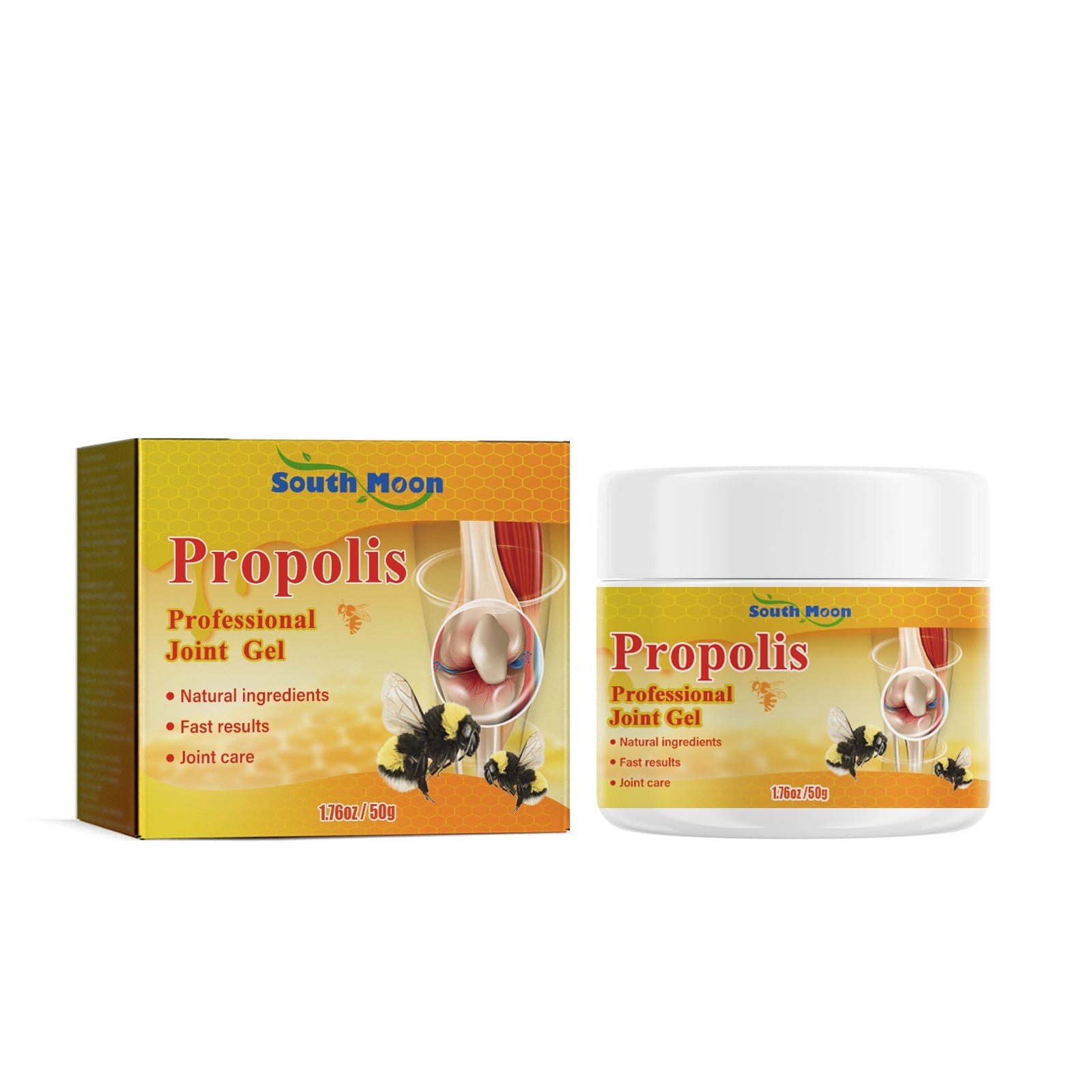 Product and packaging displayed together - golden yellow box with propolis joint gel branding alongside white jar with gel