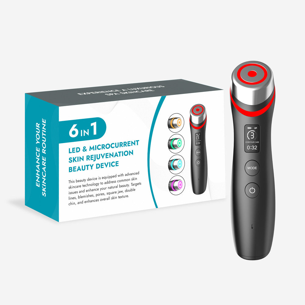 6-in-1 LED & Microcurrent Skin Rejuvenation Beauty Device with packaging and product display