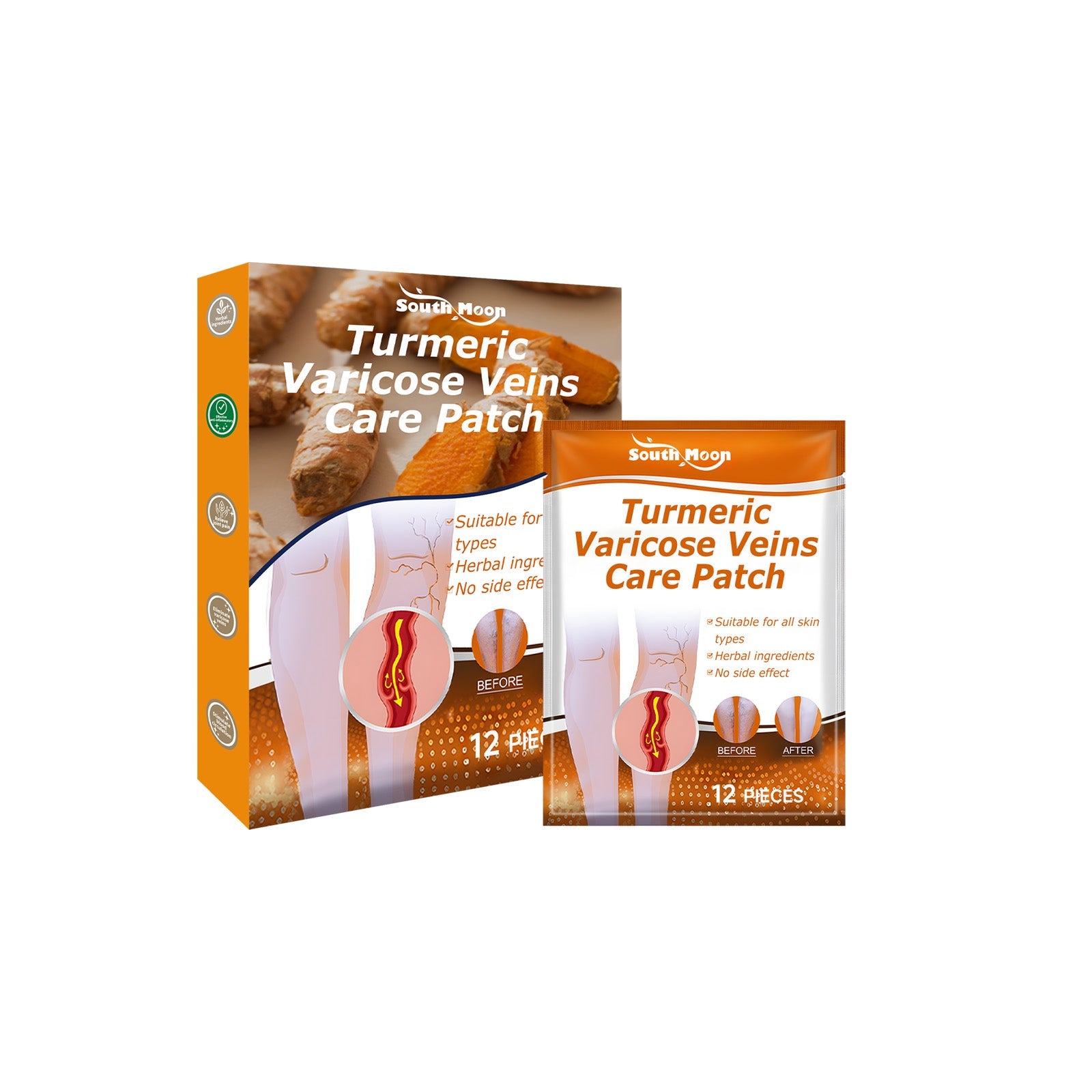 Product packaging front and back showing South Moon Turmeric Varicose Veins Care Patch box with turmeric root imagery and before/after leg illustrations