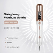 Rose gold and white plasma pen with digital LCD display against radiant light background with key claims
