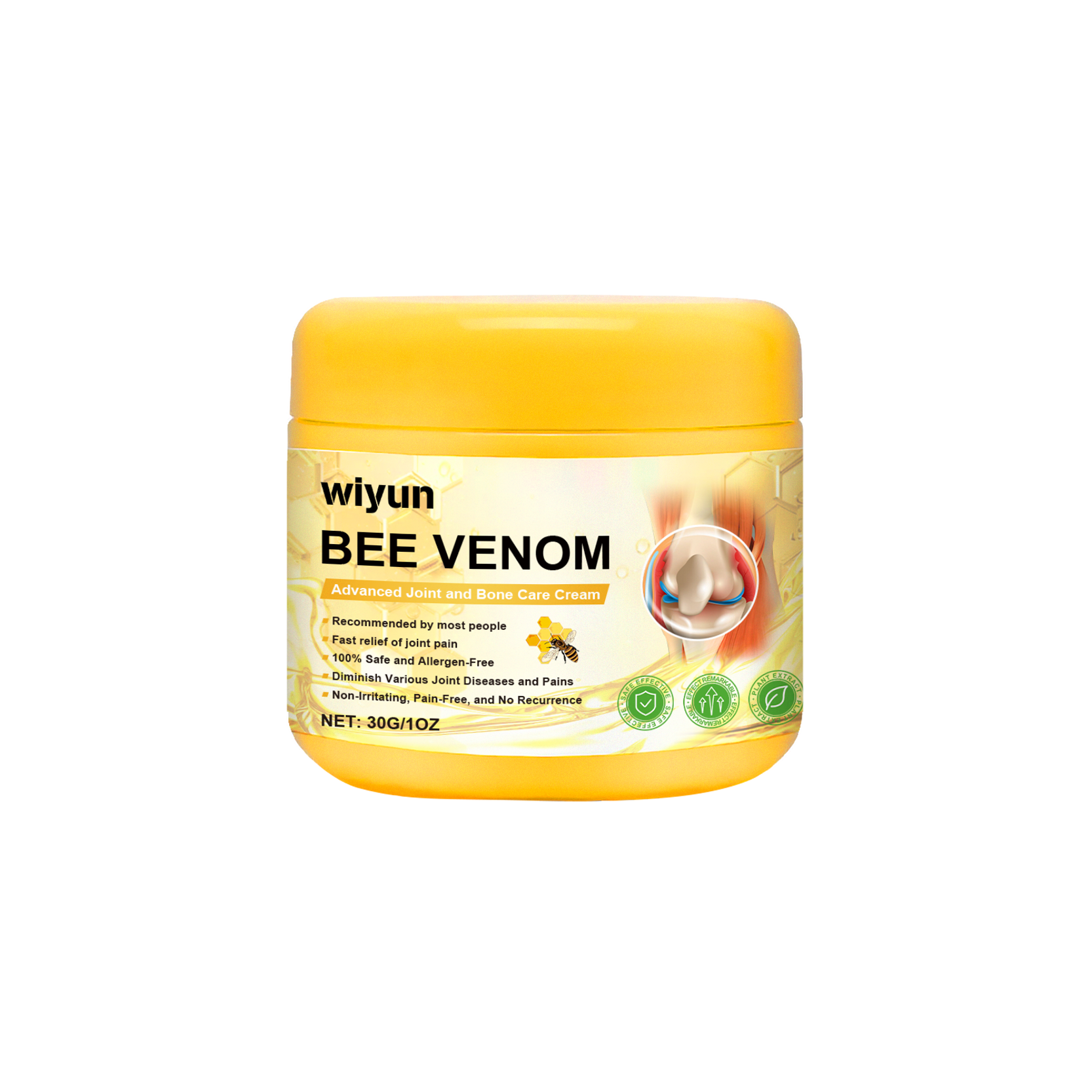 Wiyun Bee Venom Advanced Joint and Bone Care Cream jar centered on white background showing bright yellow lid and cream-colored product with labeled claims
