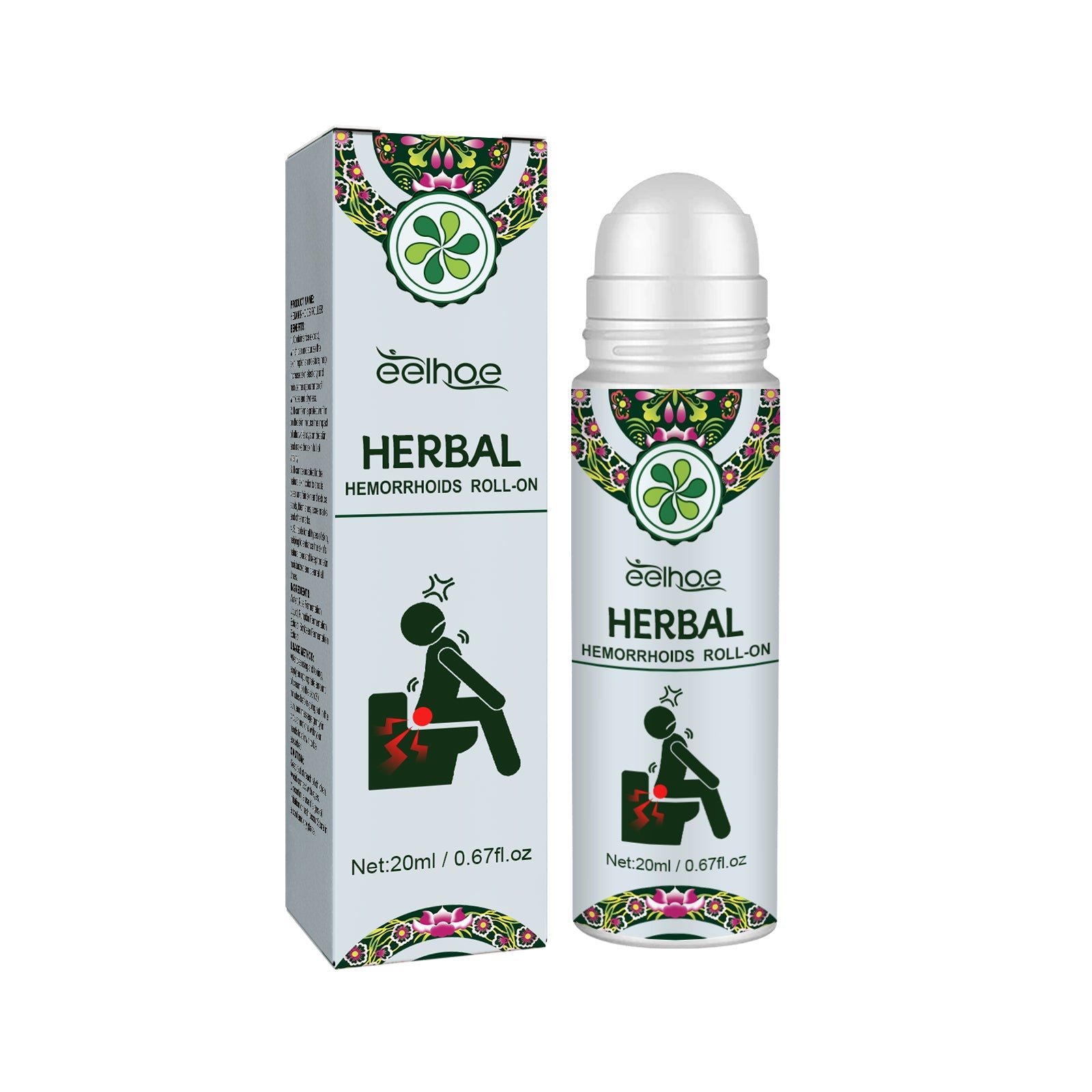 Front-facing product shot showing Eelhoe Herbal Hemorrhoids Roll-On bottle with decorative patterned band and white box packaging