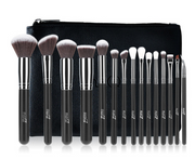 Complete 15-piece MSQ makeup brush set displayed against white background, showing all brushes with varying sizes arranged in black leather case