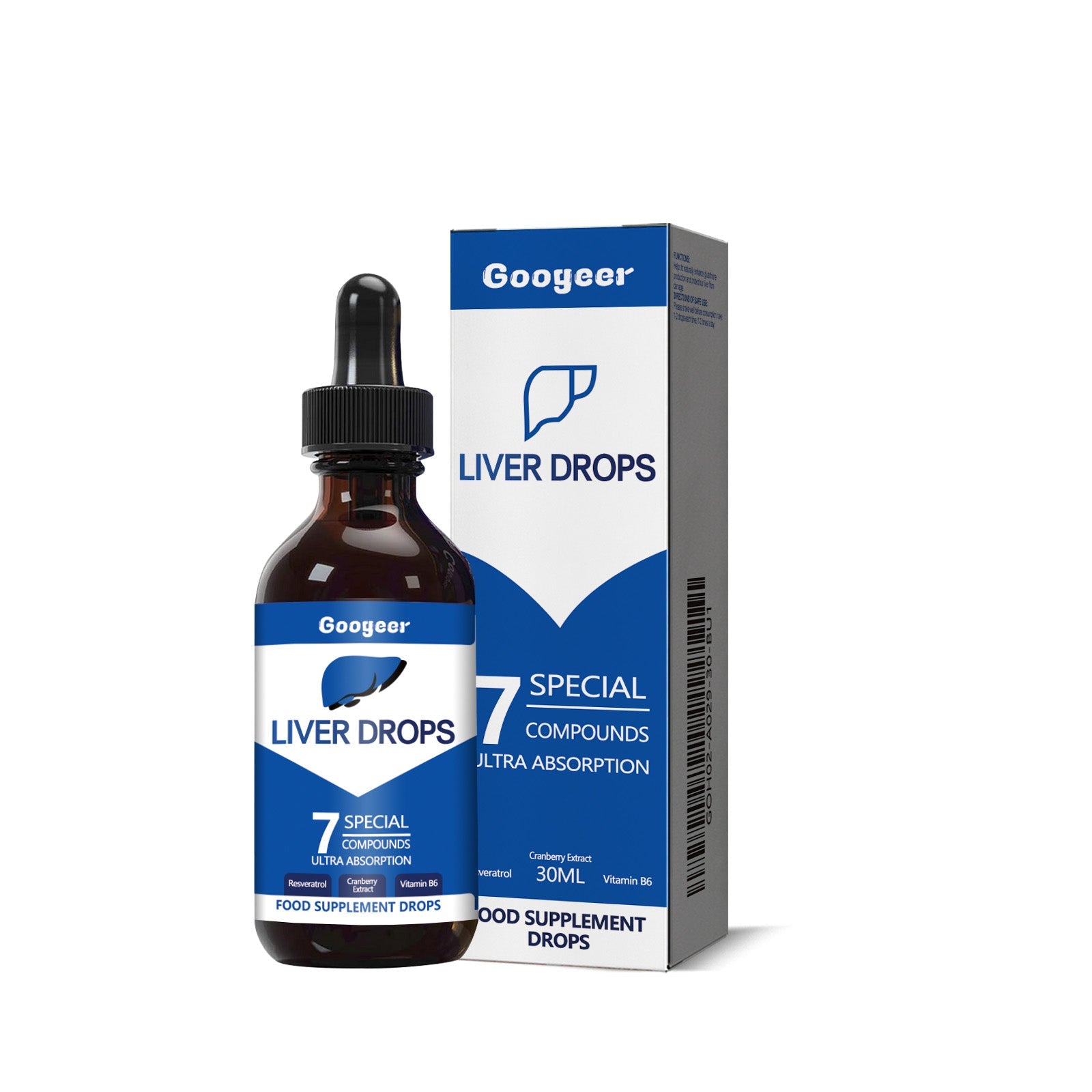 Product shot of Googeer Liver Drops bottle with packaging box on white background