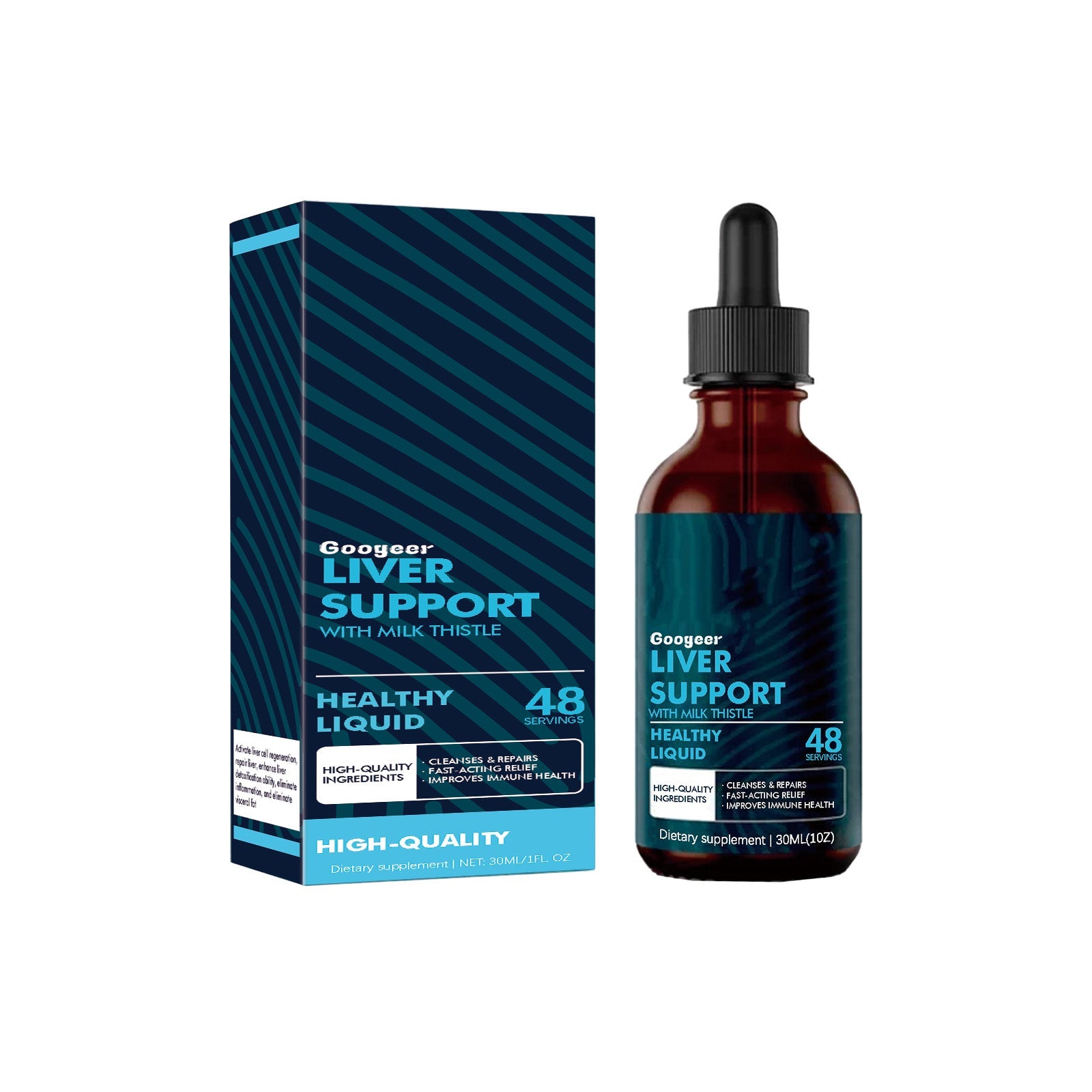 Googeer Liver Support liquid supplement with packaging box and dropper bottle side-by-side