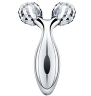 Dual-sphere facial massage roller with V-shaped ergonomic handle in polished chrome finish against white background