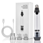 Complete product unboxing showing electric blackhead remover device, 3 interchangeable suction heads, USB charging cable, and retail packaging