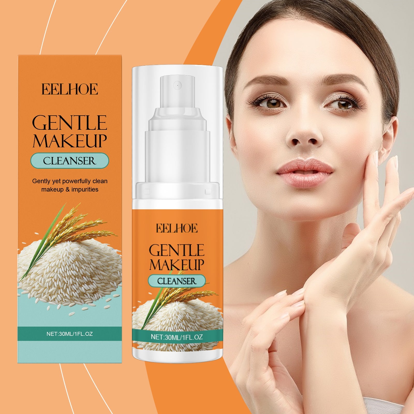 Woman touching her face gently with product and packaging beside her in minimalist setting