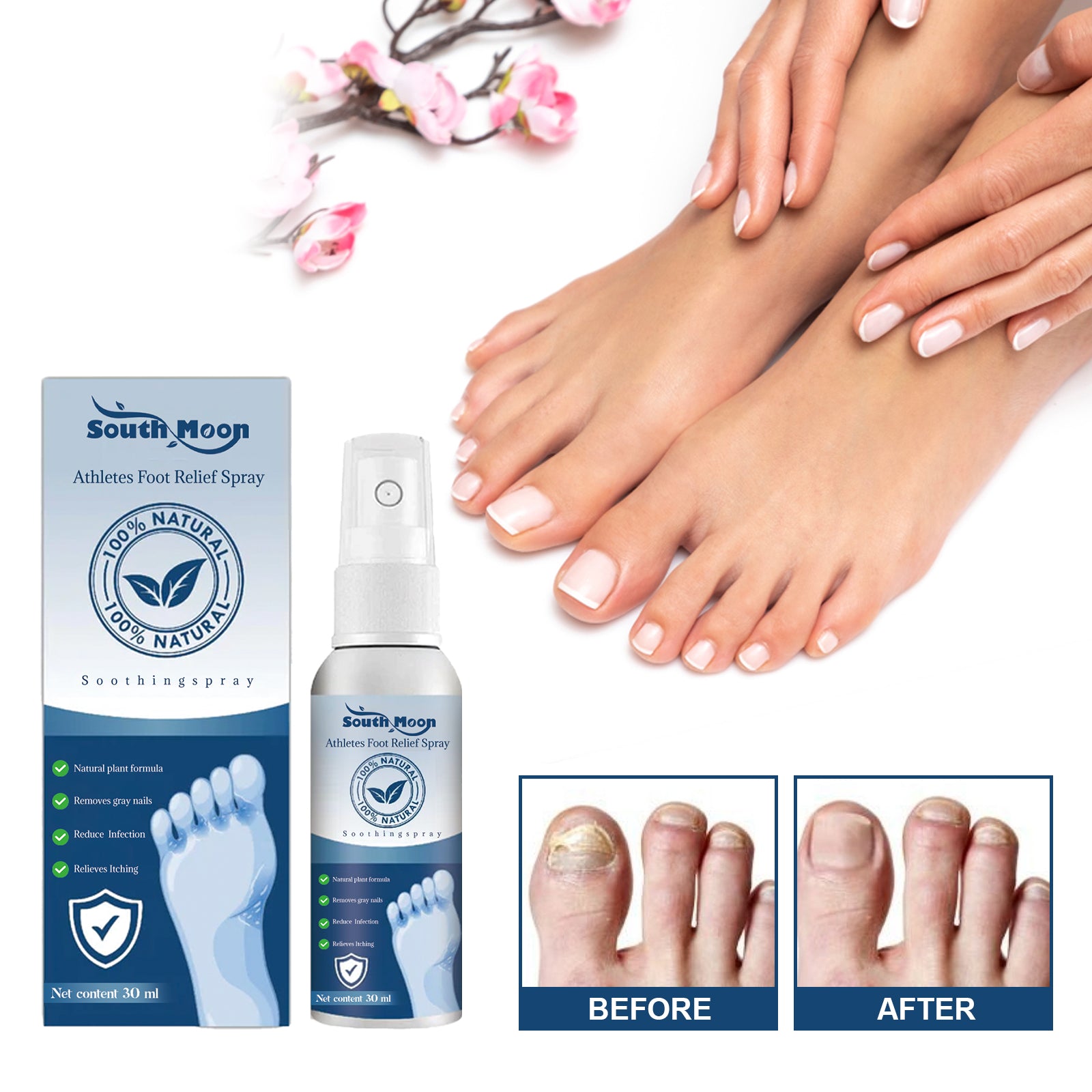 Product box and bottle side-by-side with detailed claims visible including 100% natural, removes gray nails, reduces infection, relieves itching
