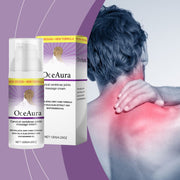 OceAura Cervical Vertebrae Joints Massage Cream bottle and box in white with purple and yellow accents, displaying product name and NEW DESIGN + NEW FORMULA callout