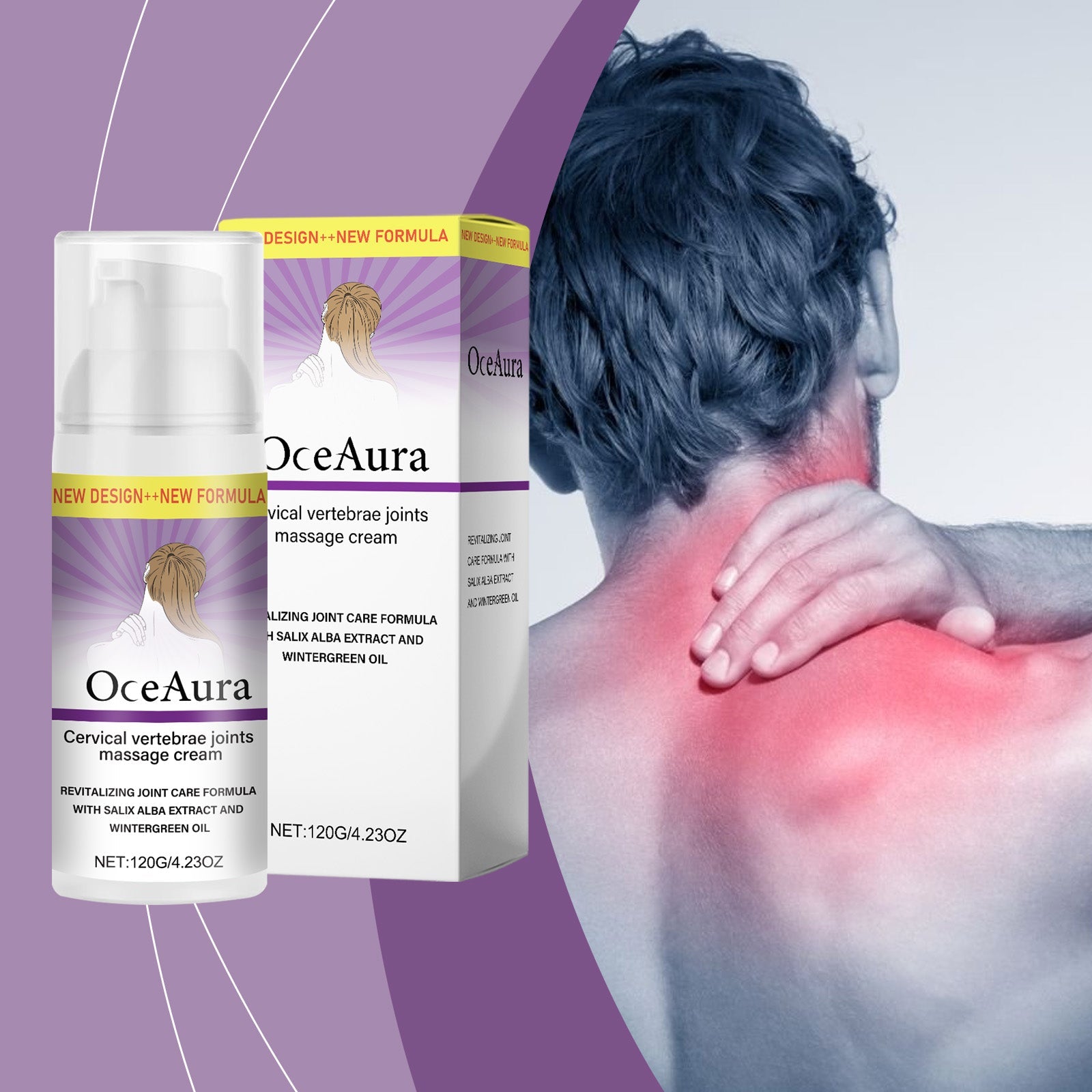 OceAura Cervical Vertebrae Joints Massage Cream bottle and box in white with purple and yellow accents, displaying product name and NEW DESIGN + NEW FORMULA callout