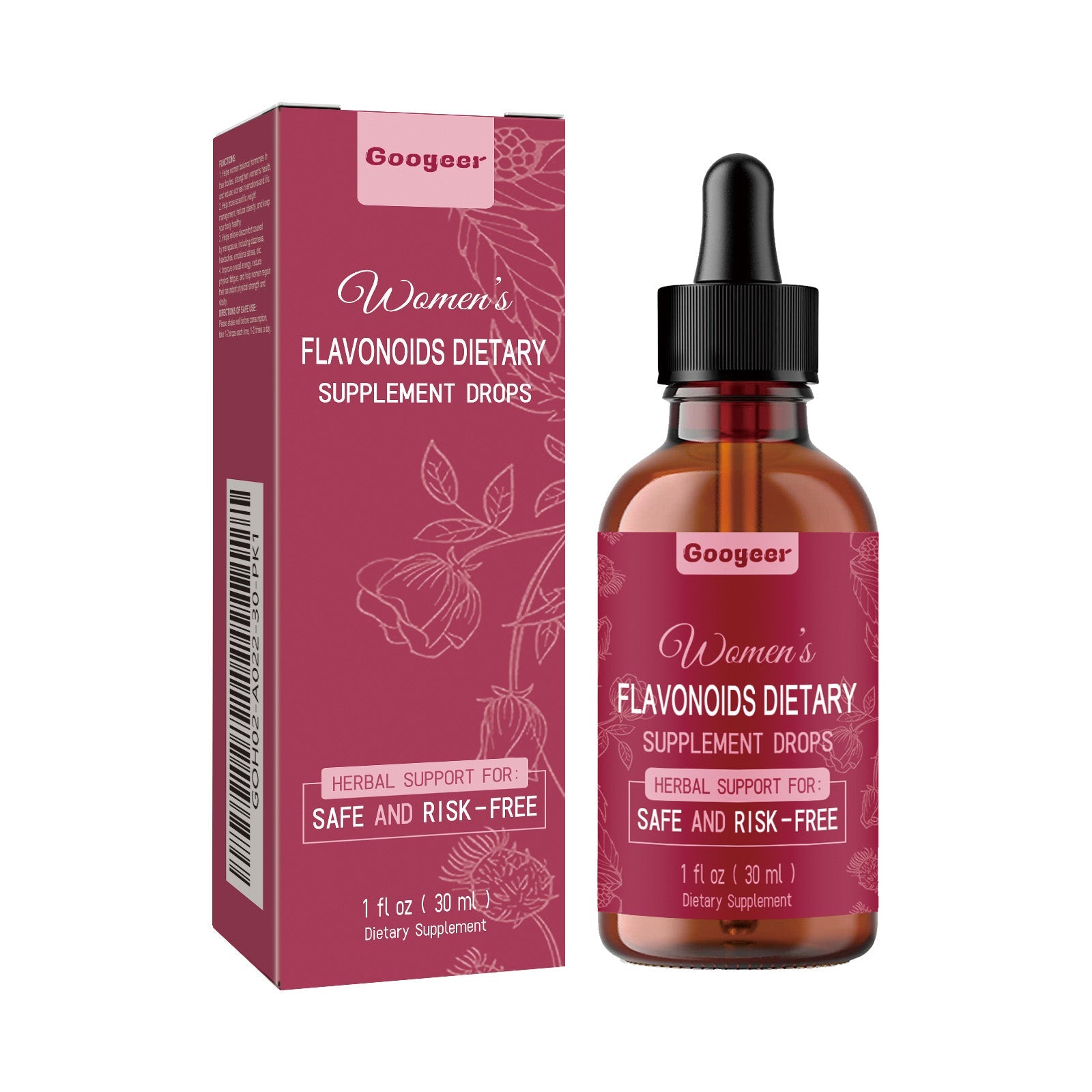 Product box and dropper bottle of Women's Flavonoids Dietary Supplement Drops by Googeer