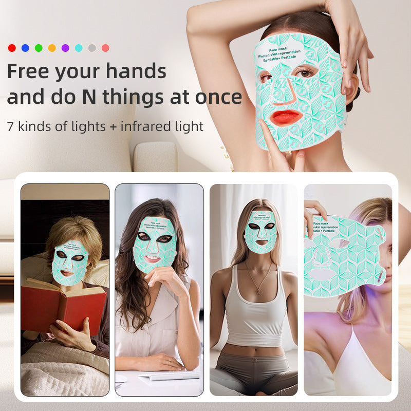 Woman wearing turquoise mask while reading; four lifestyle photos showing mask worn during various daily activities