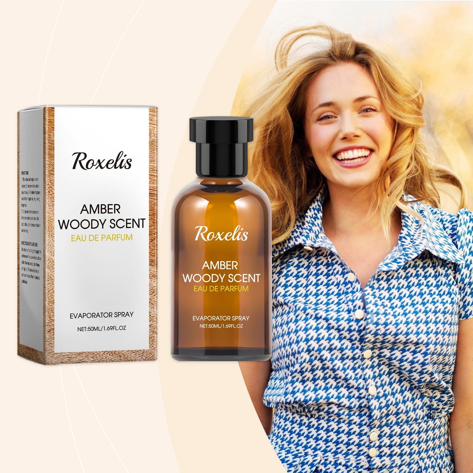 Happy woman with golden blonde hair wearing patterned blue and white shirt, smiling confidently with fragrance bottle beside her