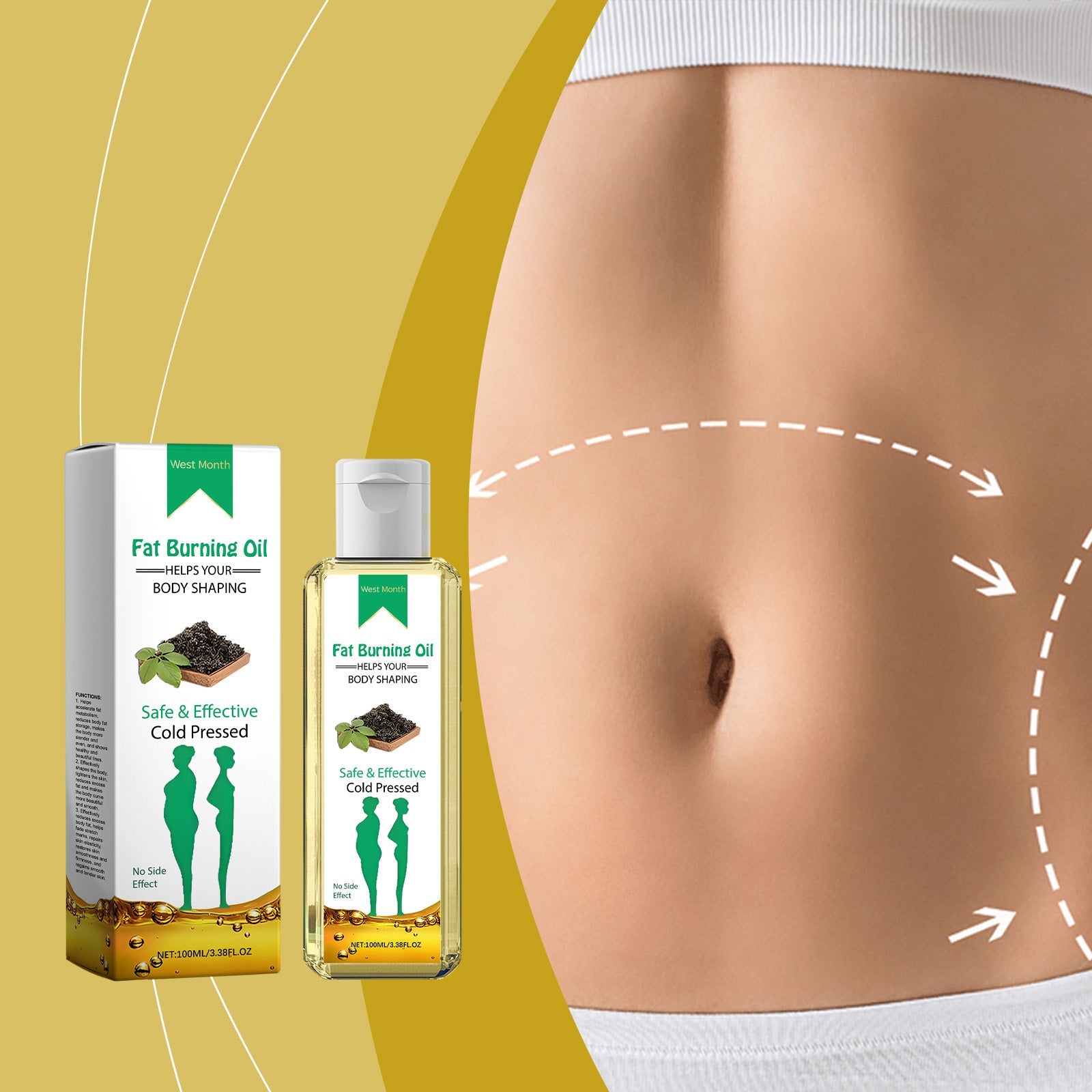 Woman's abdomen with targeting arrows and dashed lines showing fat reduction zones, paired with product bottles against golden gradient background