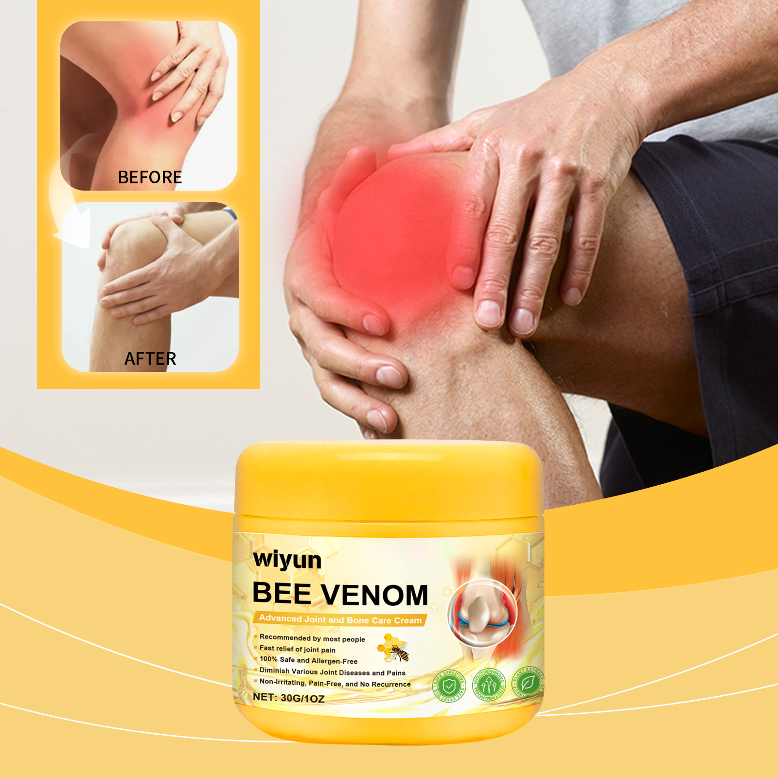 Product jar surrounded by bee icon, ginseng root illustration, yellow flower with bee, and ingredient swatches in cream tones; text emphasizes protection, circulation, and stiffness relief