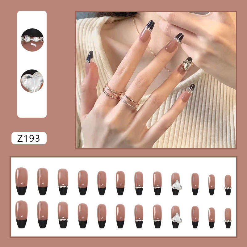 Black French Press-On Nails With Rhinestone Chain Art