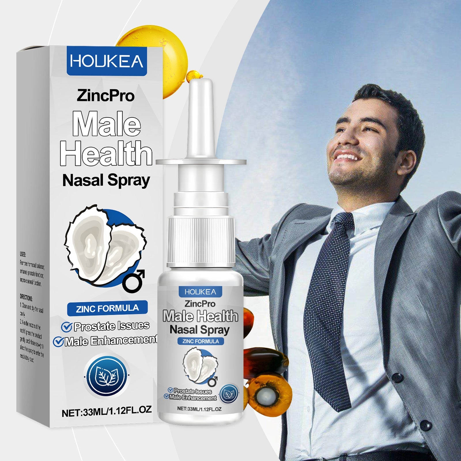 Confident professional man in business suit outdoors with product and fresh fruit elements