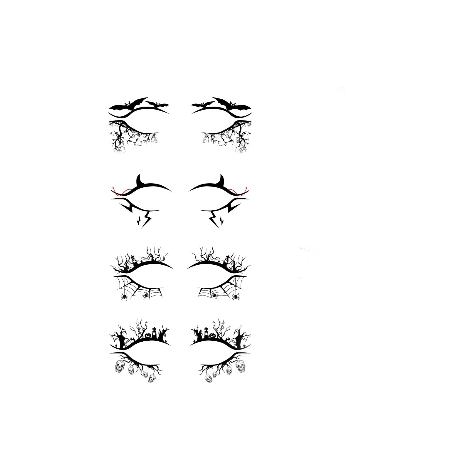 Young woman with green eyes wearing spider web and bat-themed eyeliner stickers with intricate black designs extending around the eye area