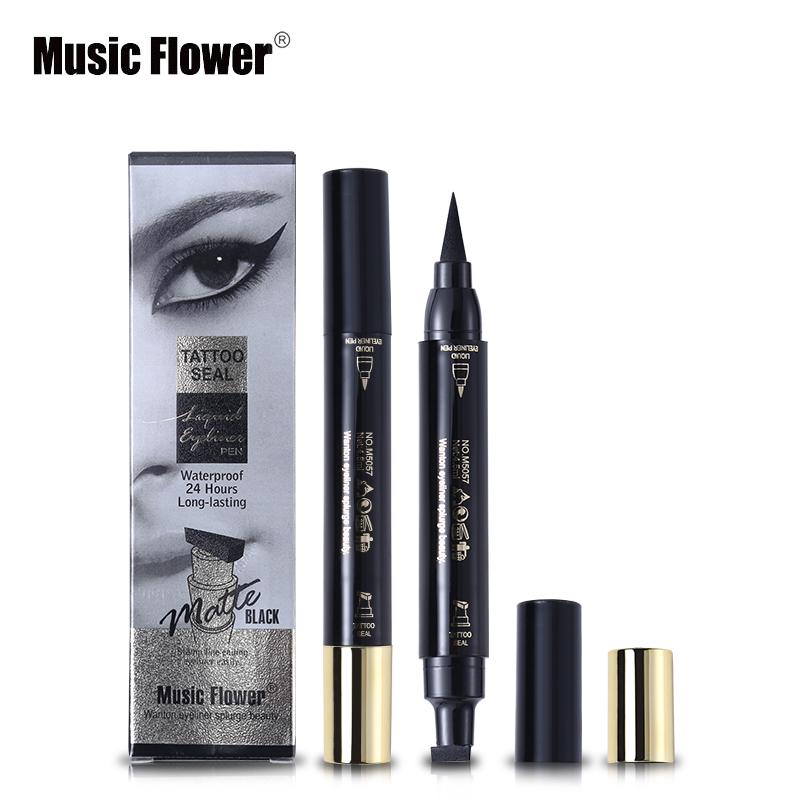 Packaging box with before/after eye imagery showing natural eye transitioning to bold matte black eyeliner with sharp lines, plus three open product variants