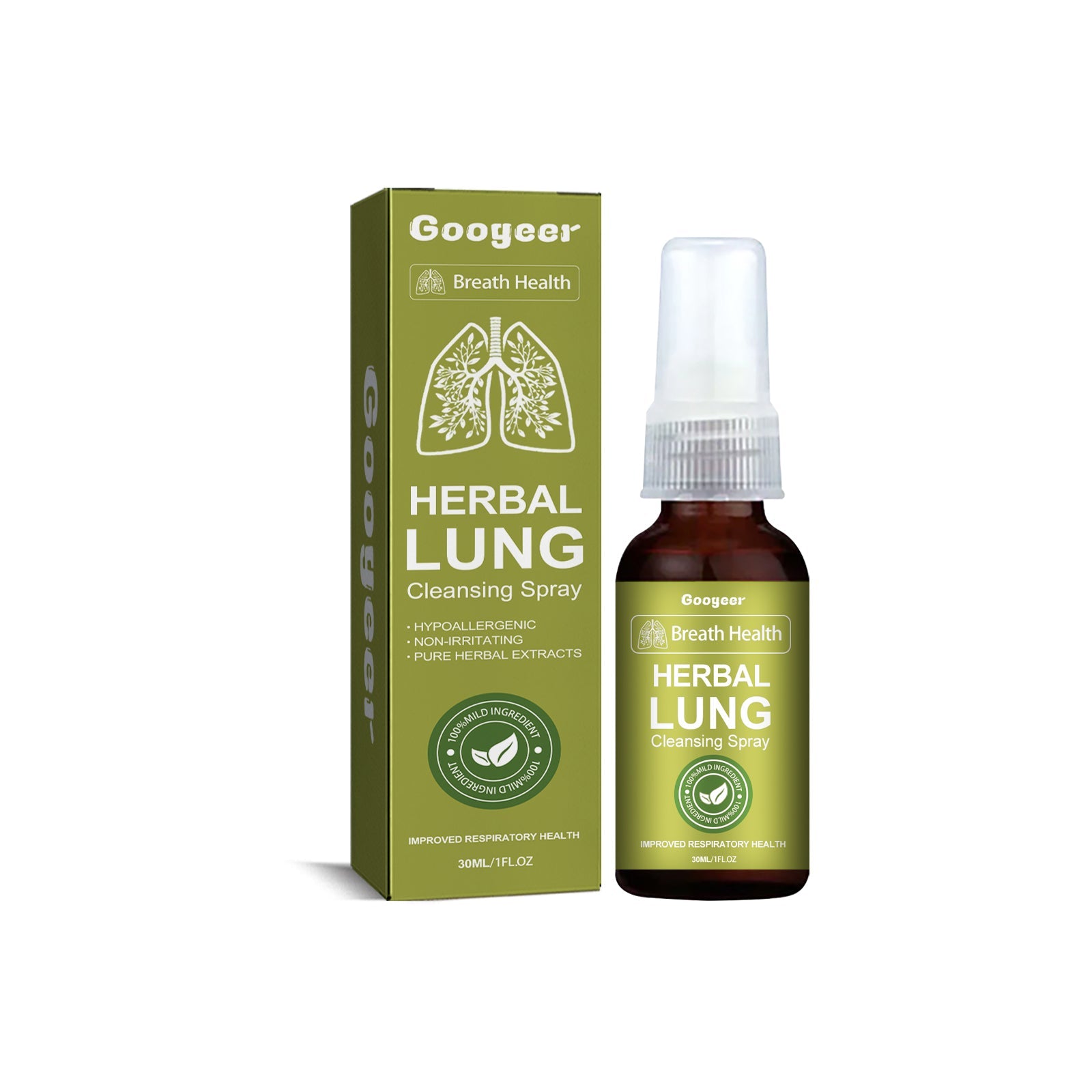 Woman using spray with before/after lung illustrations showing congested versus clear lungs
