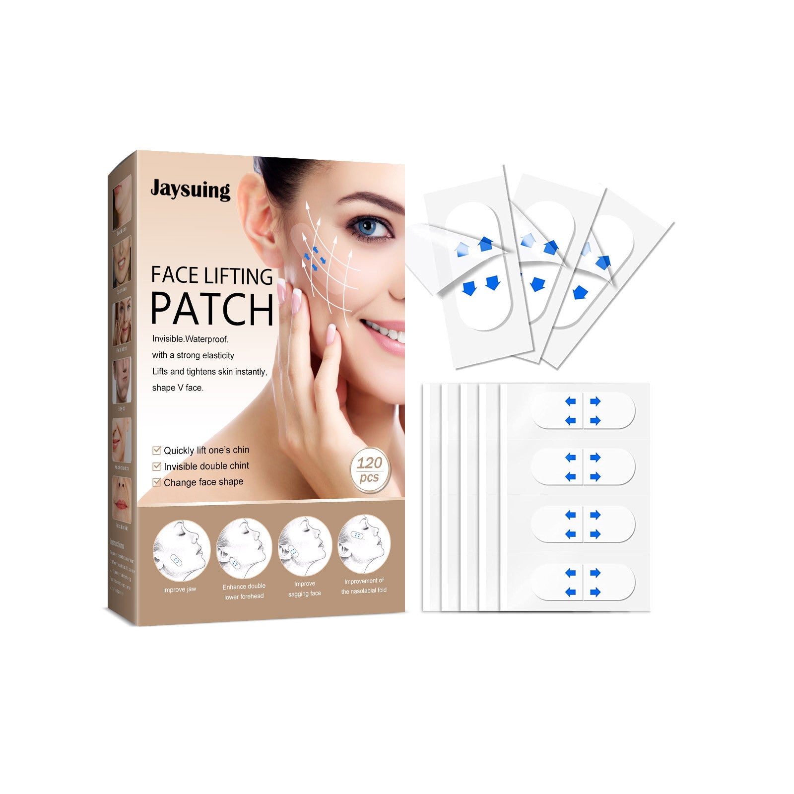 Woman in profile with lifting arrow graphics overlaid on face, large typography 'FACE LIFTING PATCH', product box and patches displayed alongside