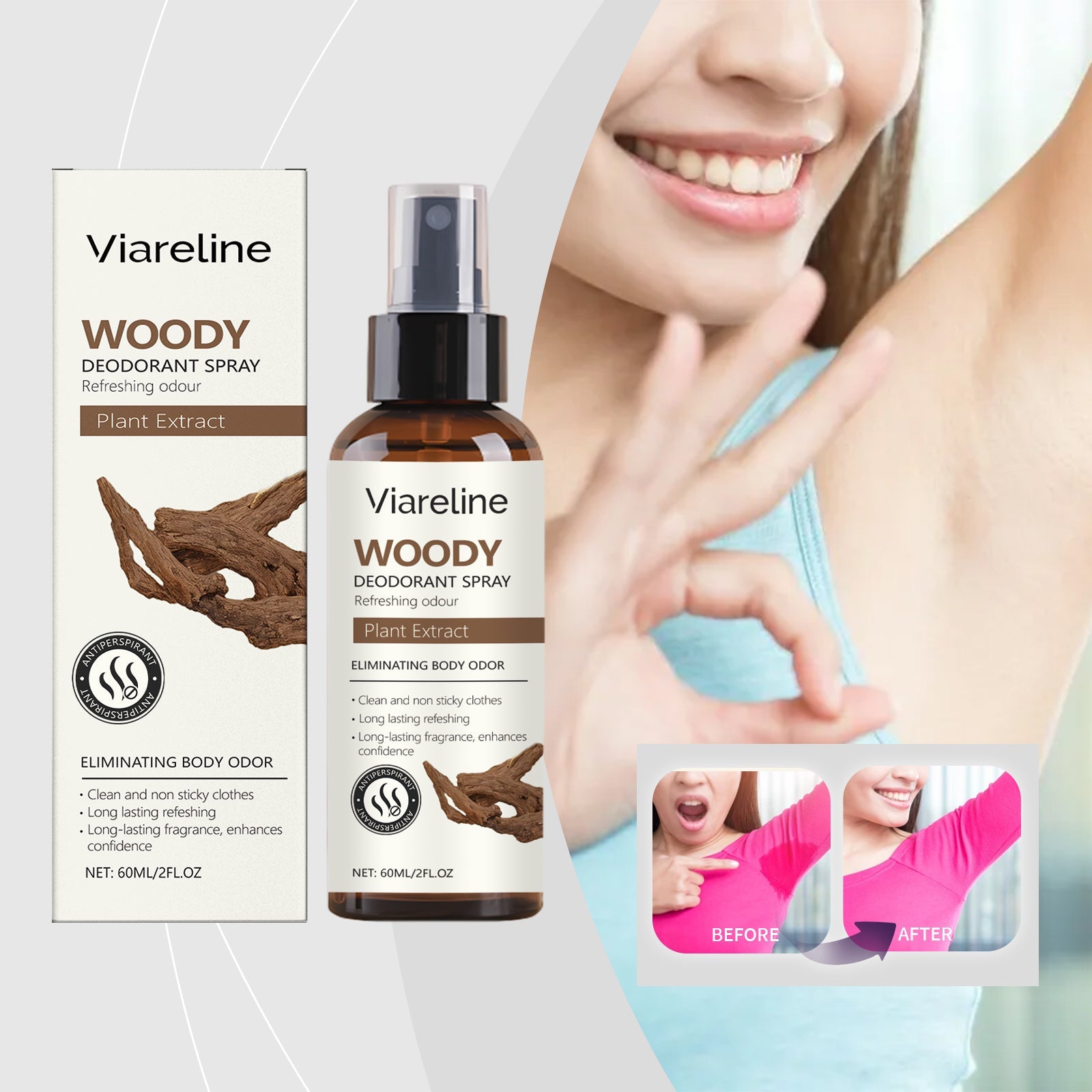 Numbered feature breakdown (01-04) with woman displaying clean, dry underarms alongside descriptive text