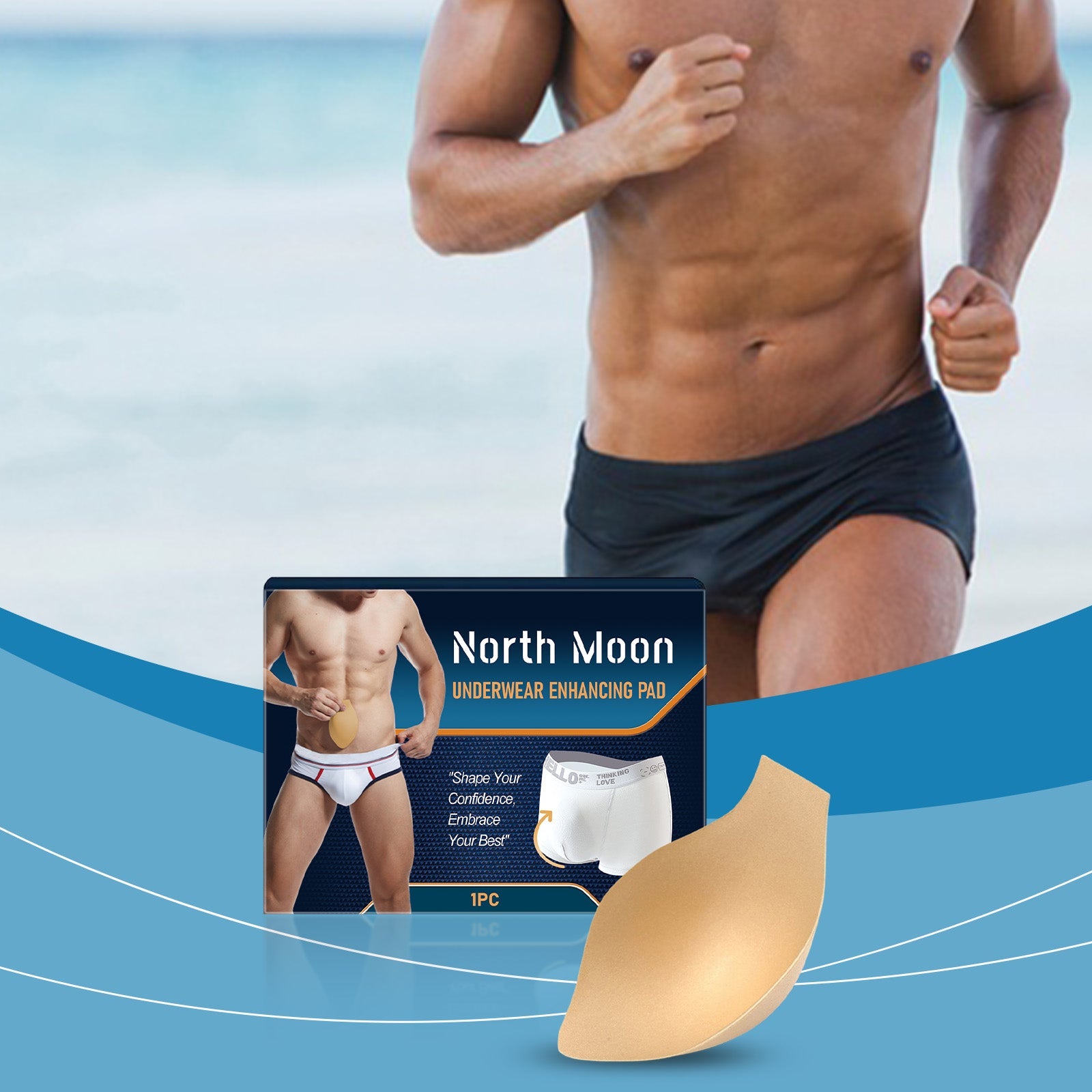 Shirtless man jogging on beach with confident posture