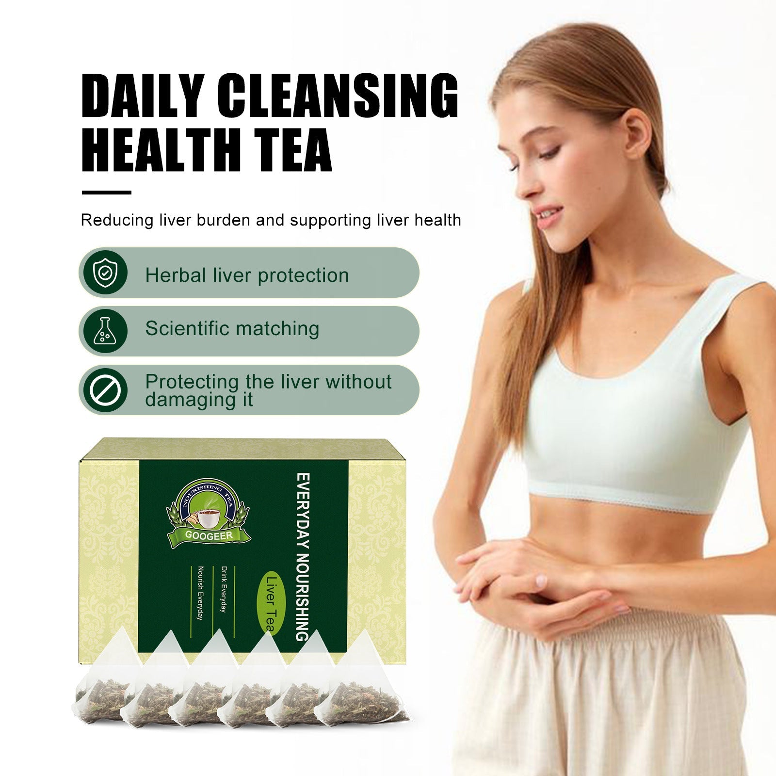Healthy woman in white crop top and light pants next to product box with benefit callouts for liver protection, scientific formulation, and health support