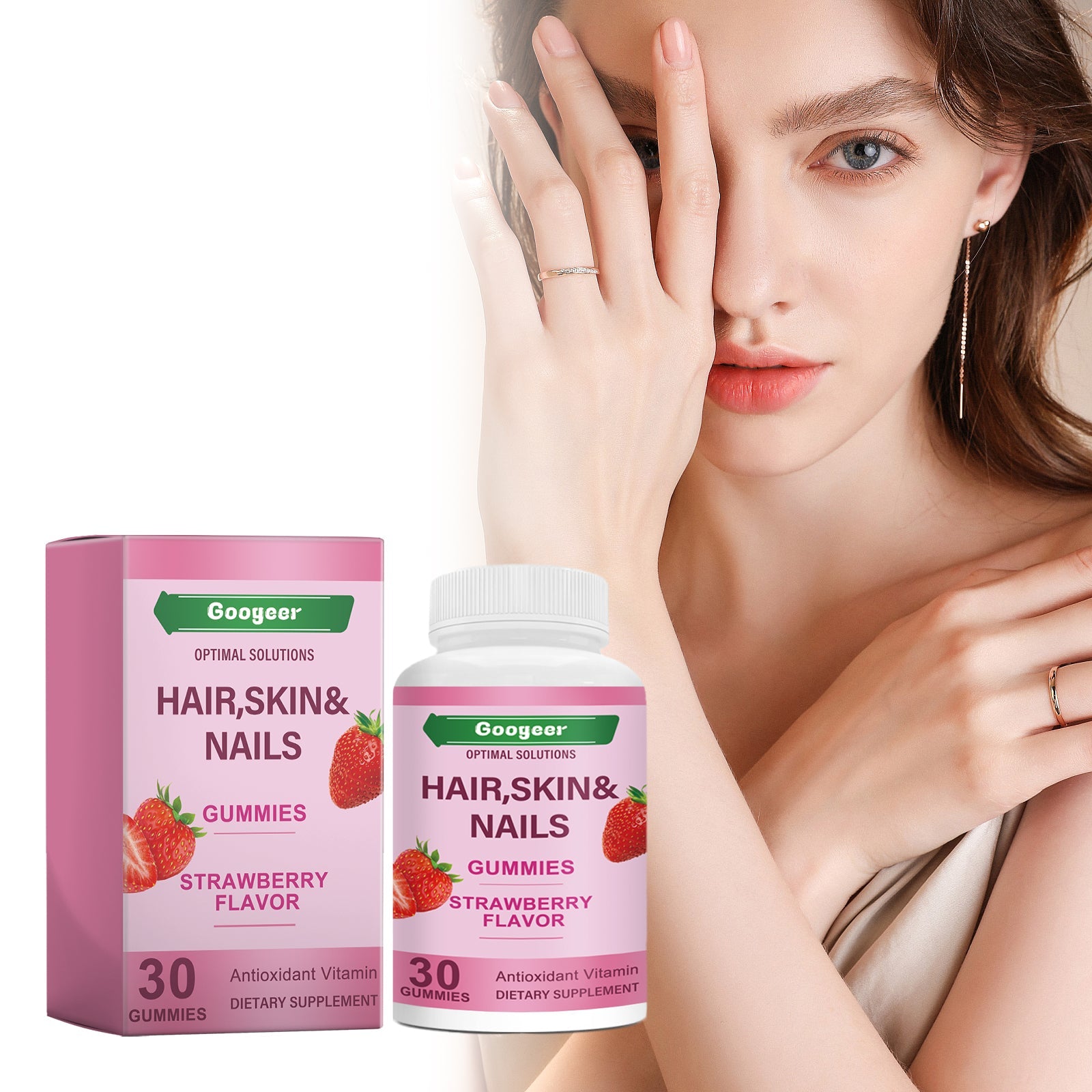 Woman with clear skin, strong nails, and healthy hair holding product bottles near face