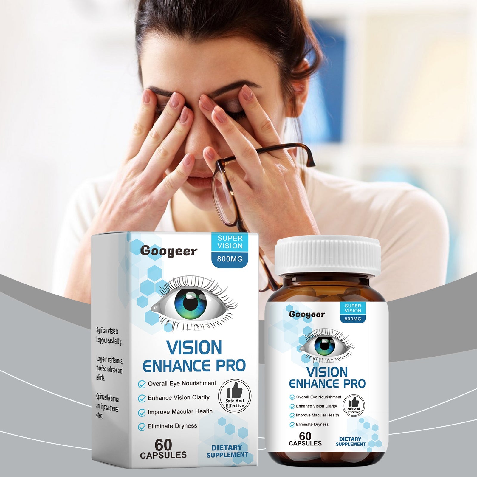 Woman in office setting removing glasses and holding Googeer supplement bottle and box, demonstrating relief from eye strain