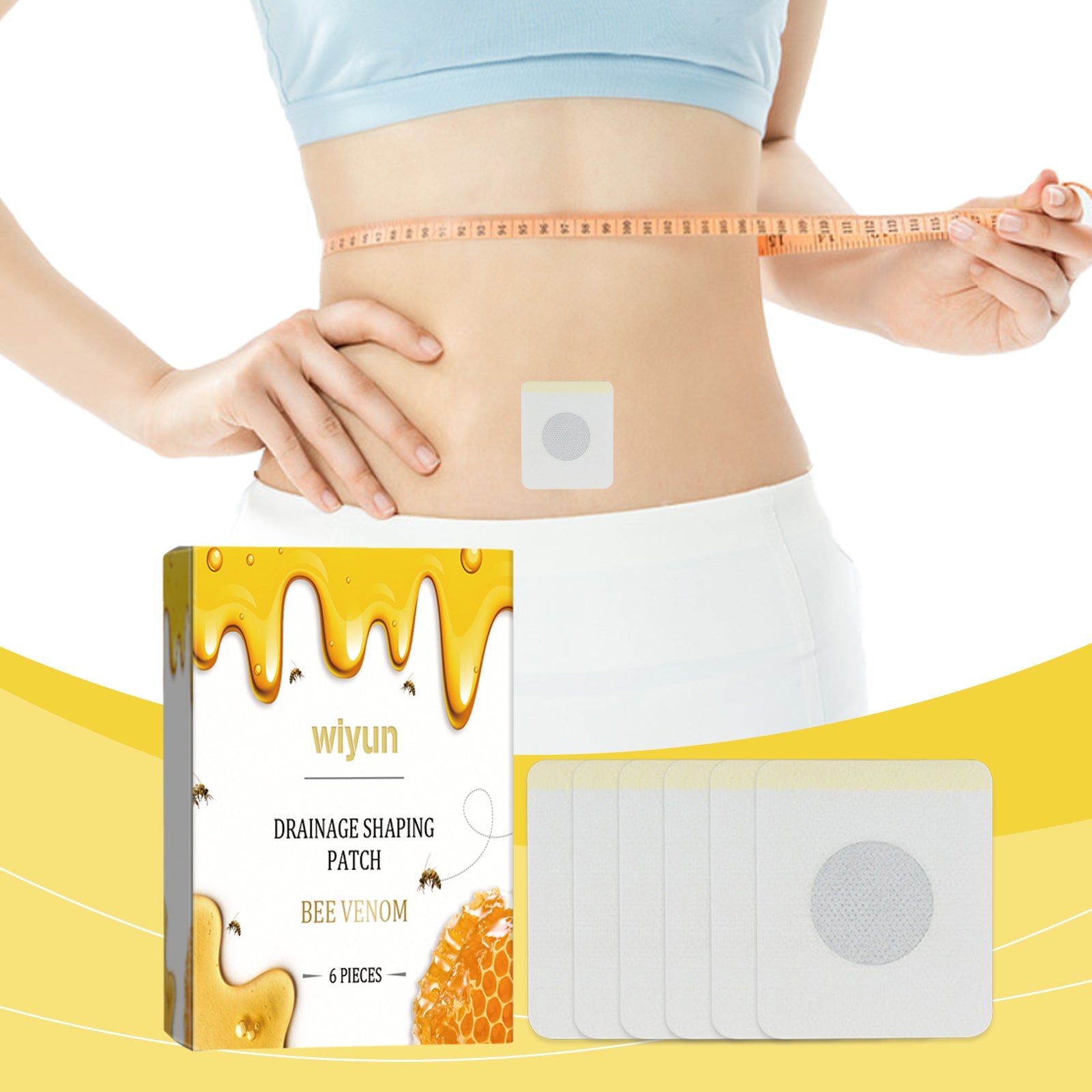 Woman with measuring tape around waist wearing a single patch on lower abdomen, demonstrating on-body application and slimming promise