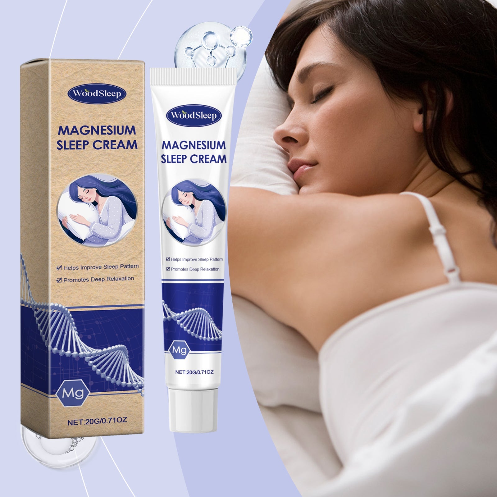 Woman peacefully sleeping on white pillow with product packaging on lavender background