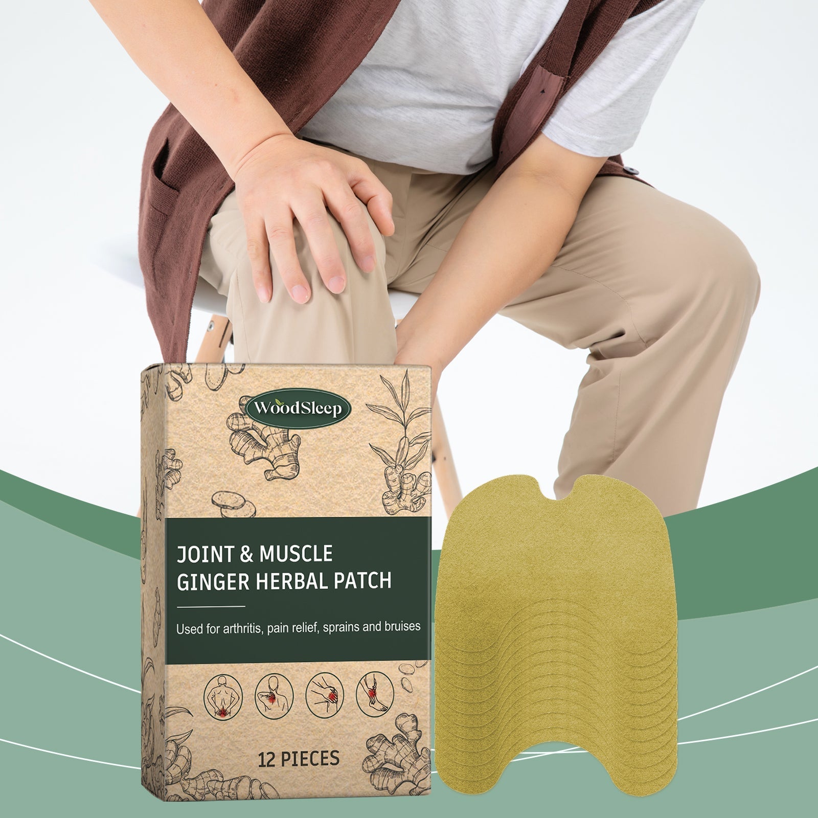 Woman applying patch to her knee while seated, holding WoodSleep packaging, with decorative green wellness waves background