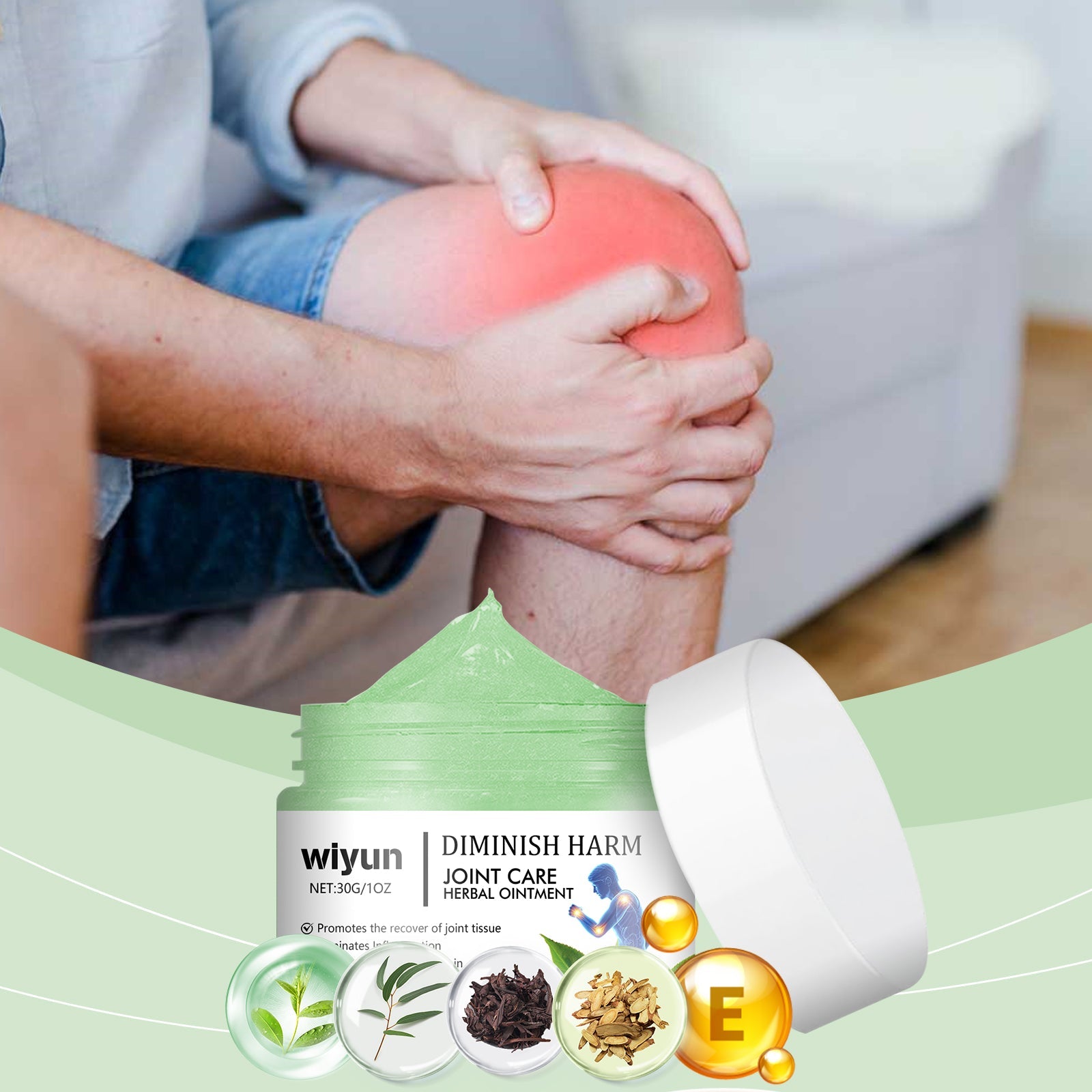 Woman's knee with glowing red pain visualization and radiating comfort waves; text cards showing 'Relieve Joints' and 'Deep Nourishment' benefits
