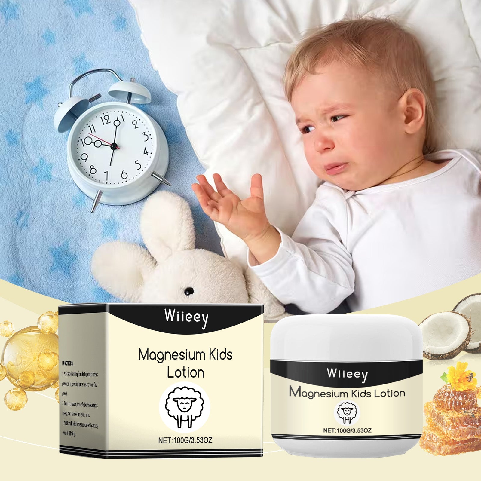 Baby in white clothing lying on blue and white blanket next to alarm clock, reaching toward fluffy stuffed rabbit, with product and natural ingredients displayed