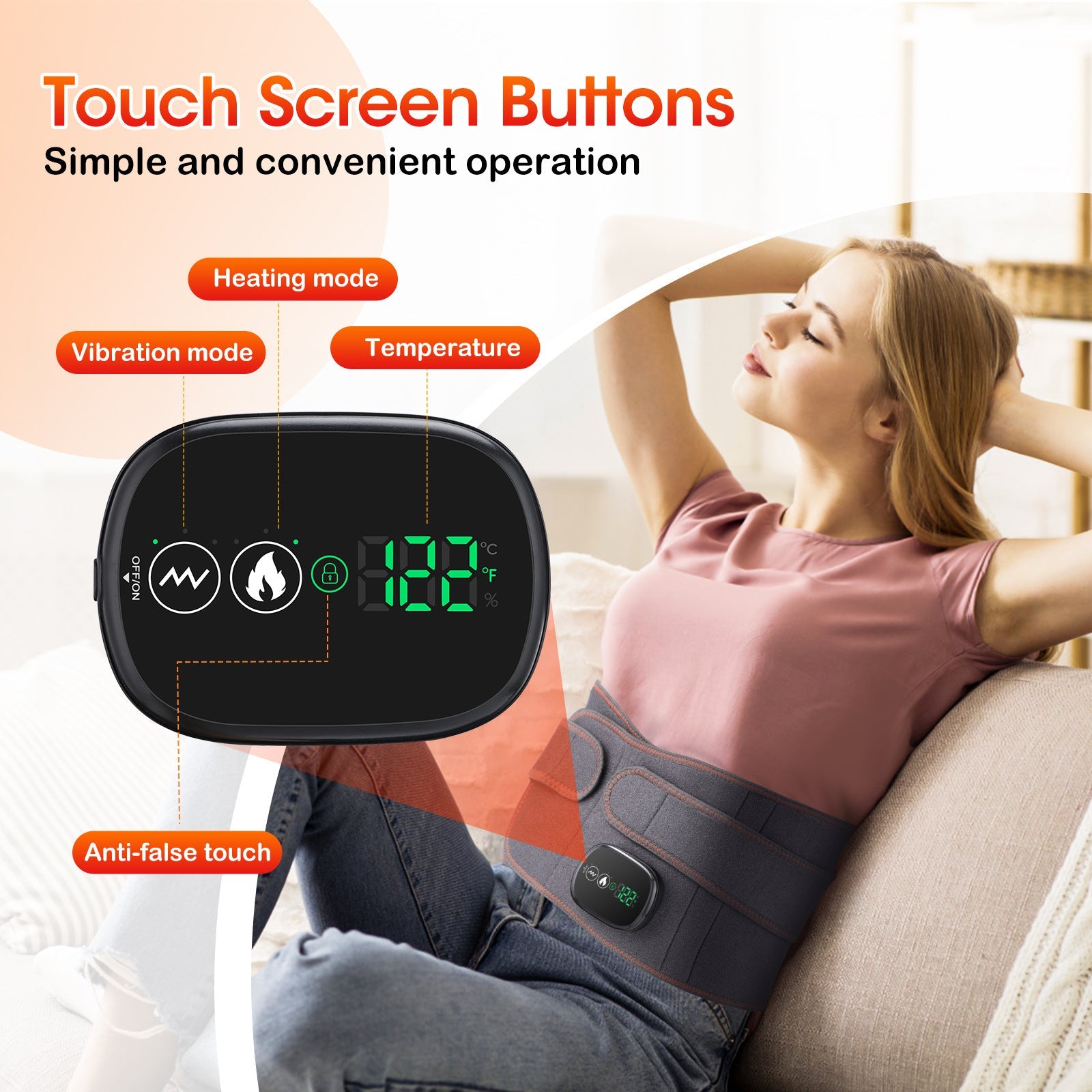 Lifestyle image of woman wearing waist belt while relaxing on couch with annotated touch-screen control panel showing heating mode, vibration mode, temperature display, and anti-false touch feature