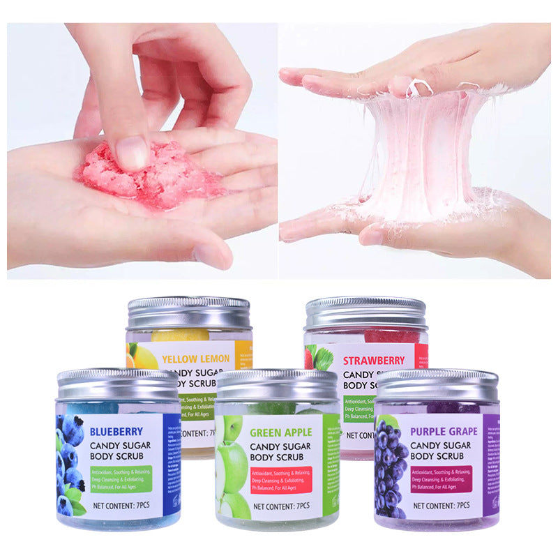 Left panel shows hands holding pink grainy scrub texture; right panel demonstrates scrub dissolving into silky liquid consistency being applied to skin