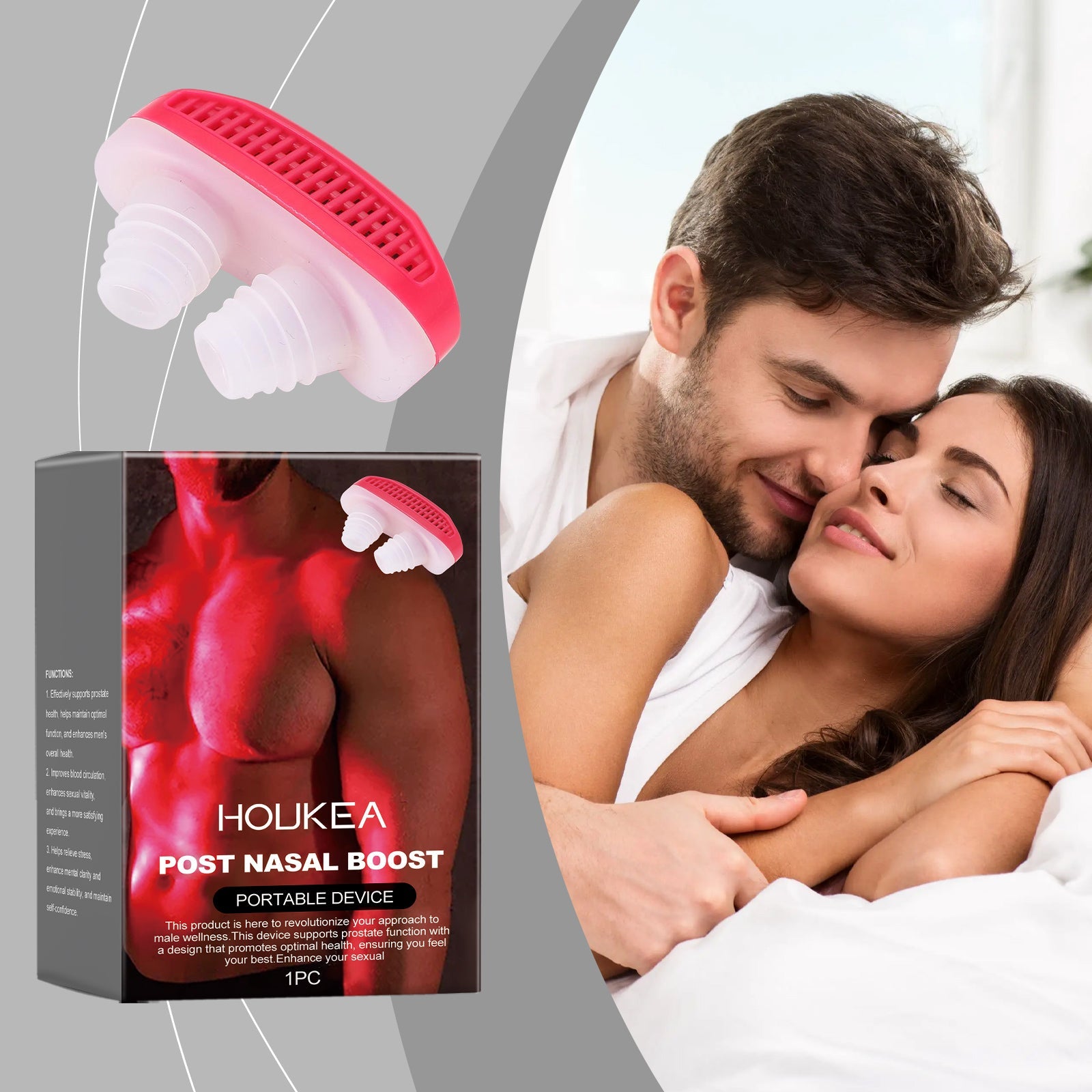 Young couple in bed embracing with product details showing device callouts and romantic intimate scenario