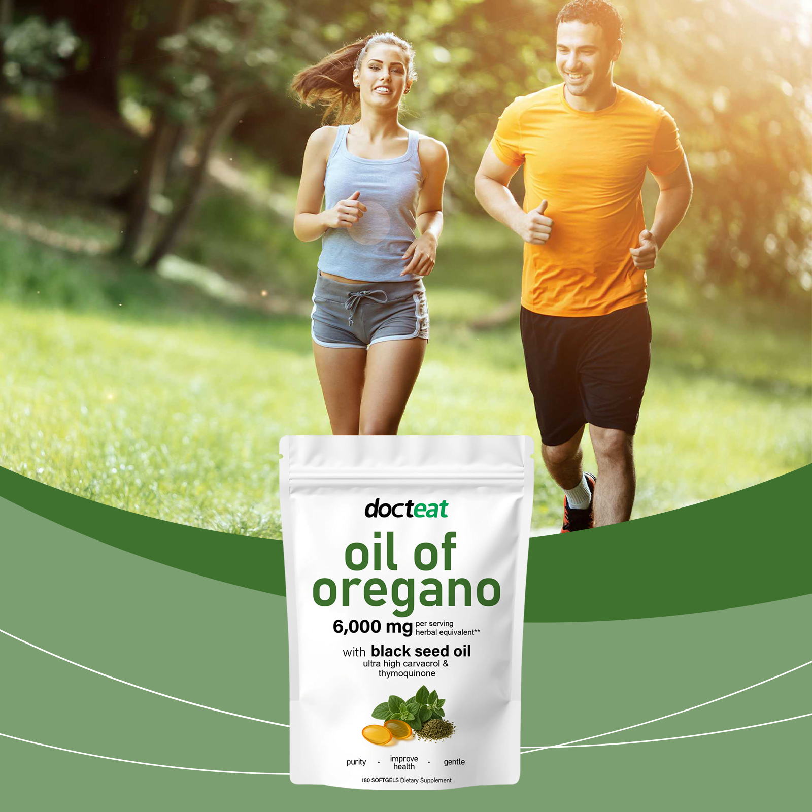 Fit man and woman jogging outdoors in sunny park setting with product pouch positioned below, representing active lifestyle benefits