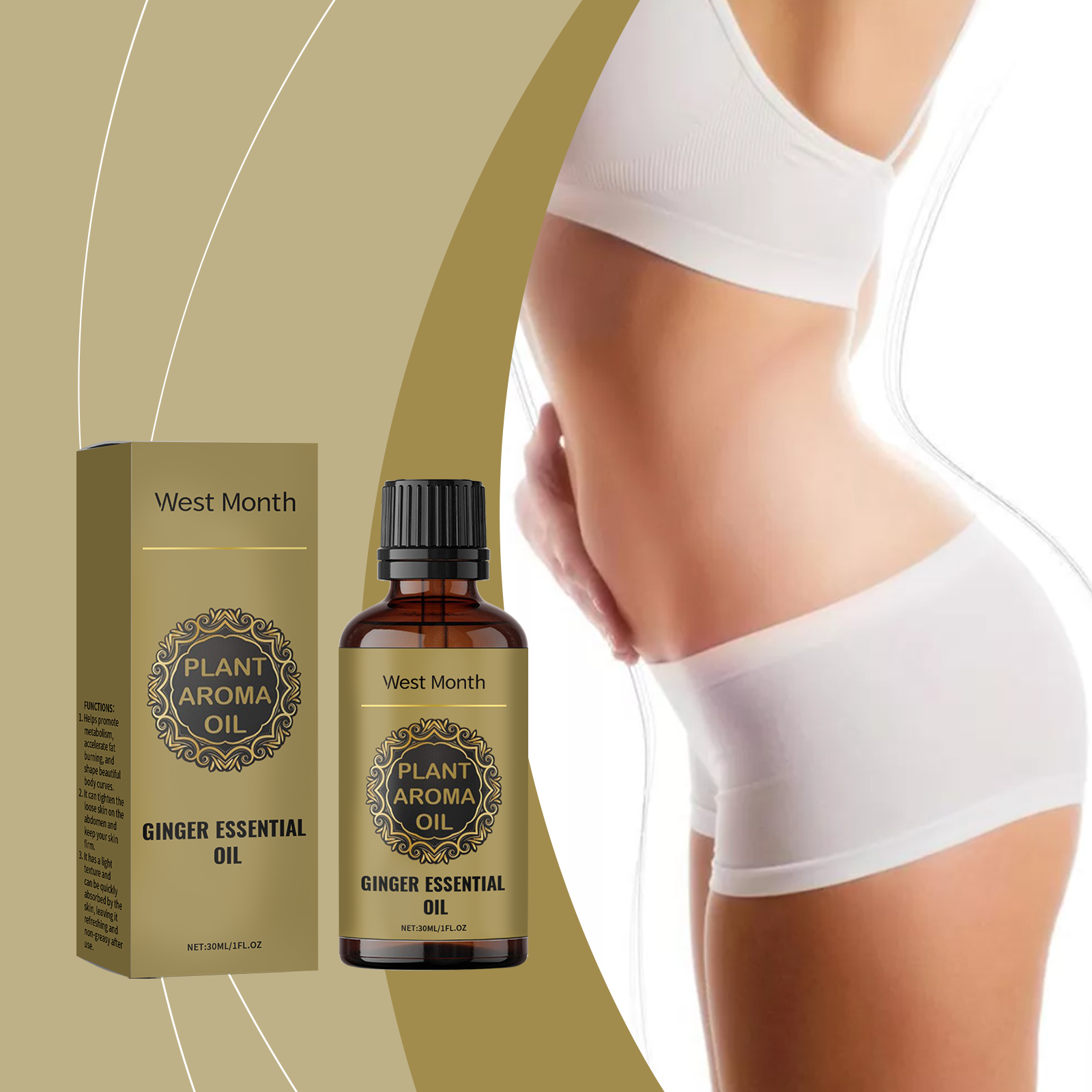 Woman applying oil to waist and hip area, demonstrating body firming usage