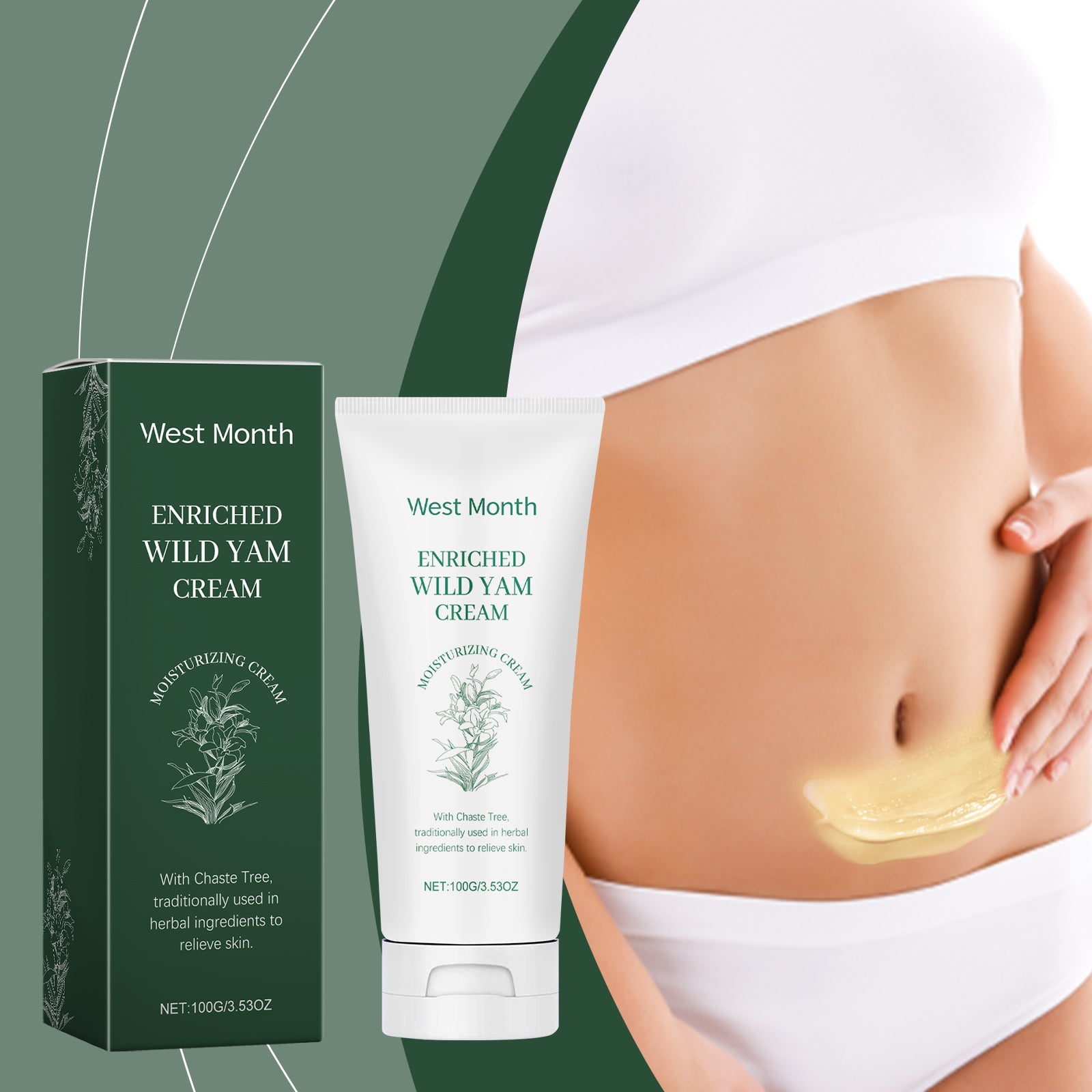Woman applying cream to lower abdomen in massage motion with modern sage green design background