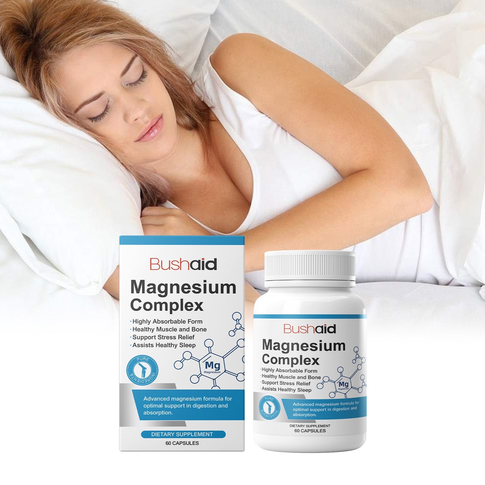 Woman peacefully sleeping in white bedding with product bottle and box positioned nearby
