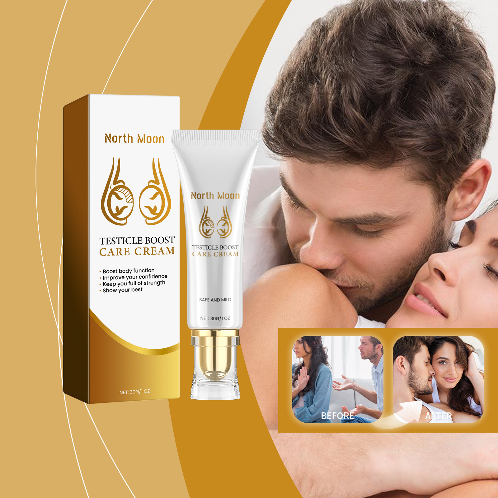 Man in casual attire with feature benefits cards displaying 'Enhance Performance' and 'Comfortable Use' with ingredient imagery